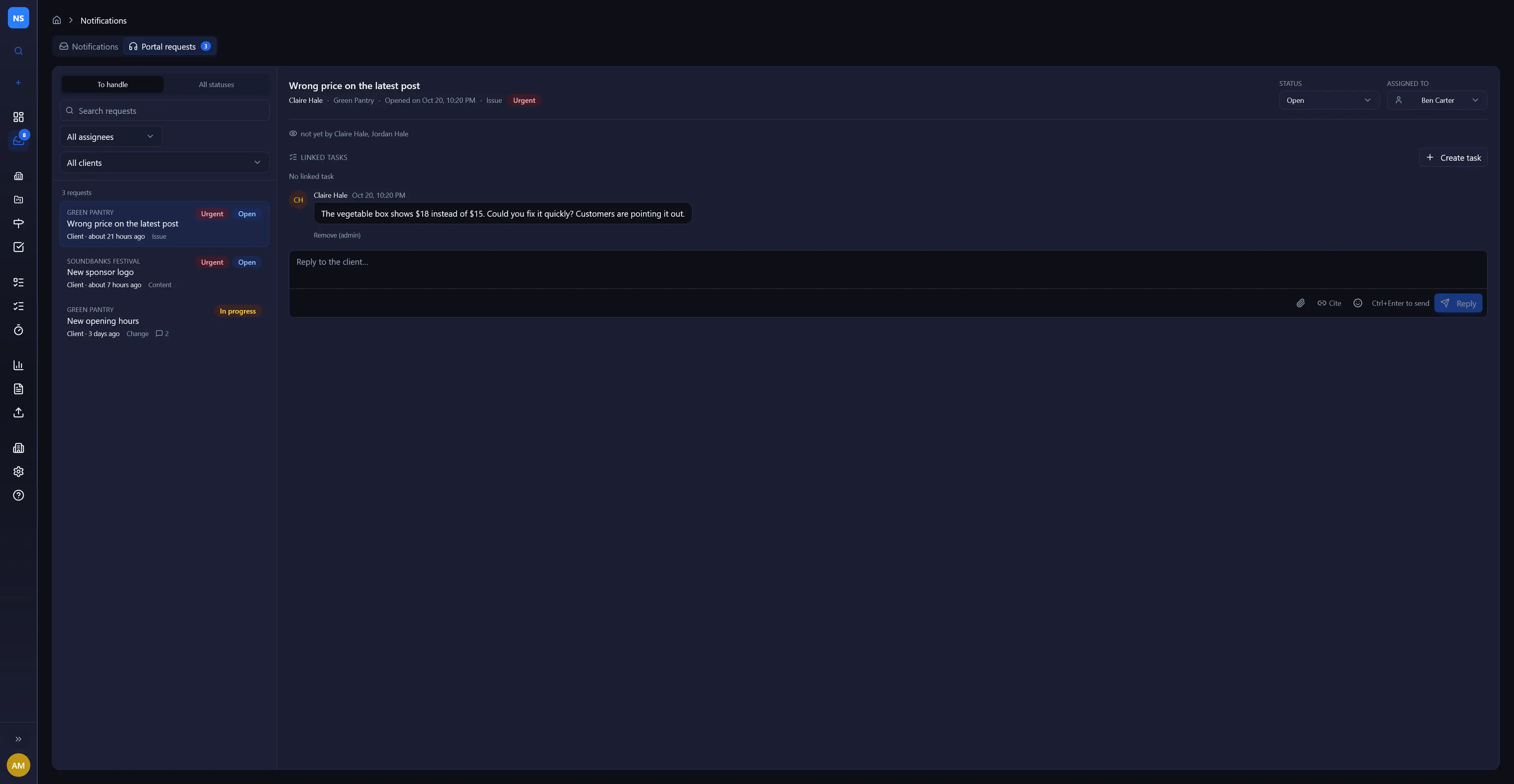 Mishka, Portal requests: conversation thread with the client