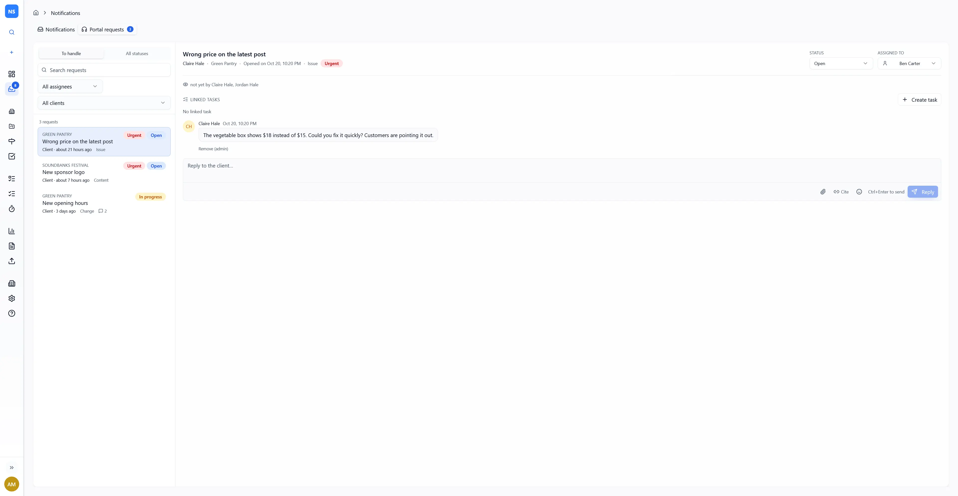 Mishka, Portal requests: conversation thread with the client