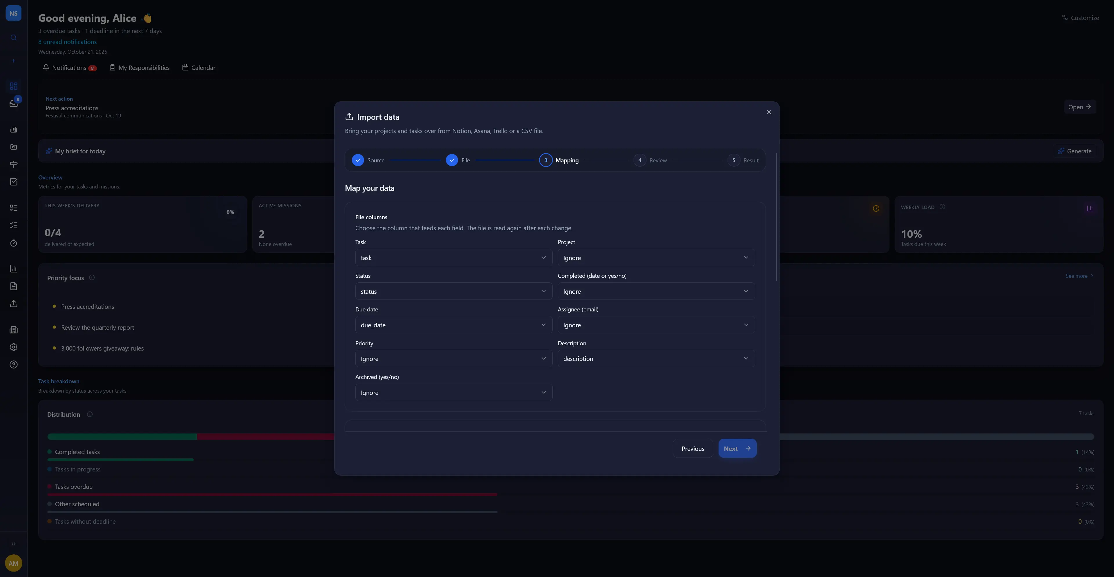 Mishka import assistant, status mapping