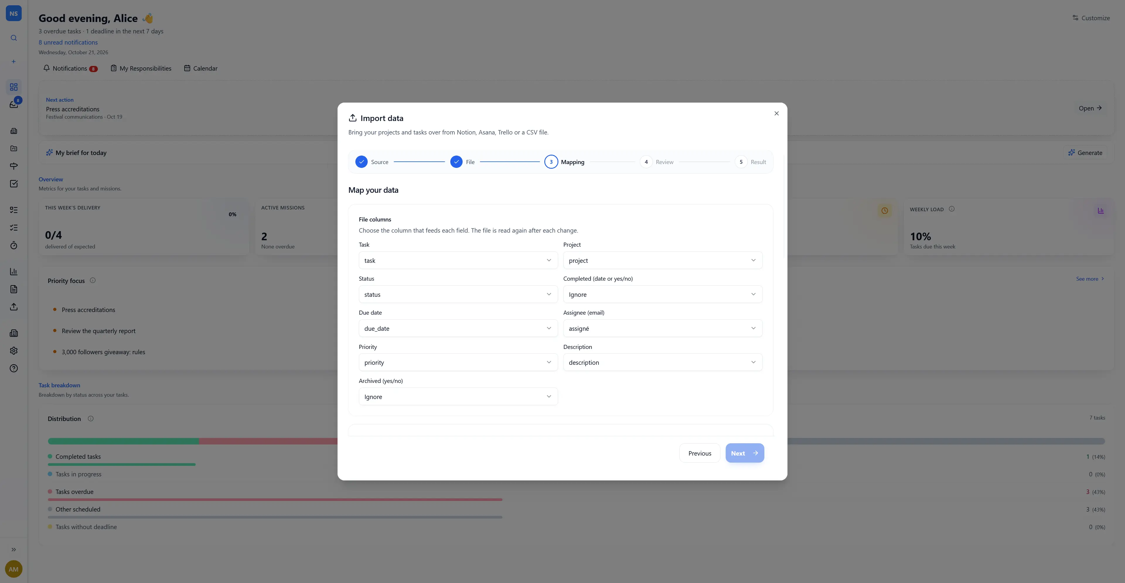 Mishka import assistant, status mapping