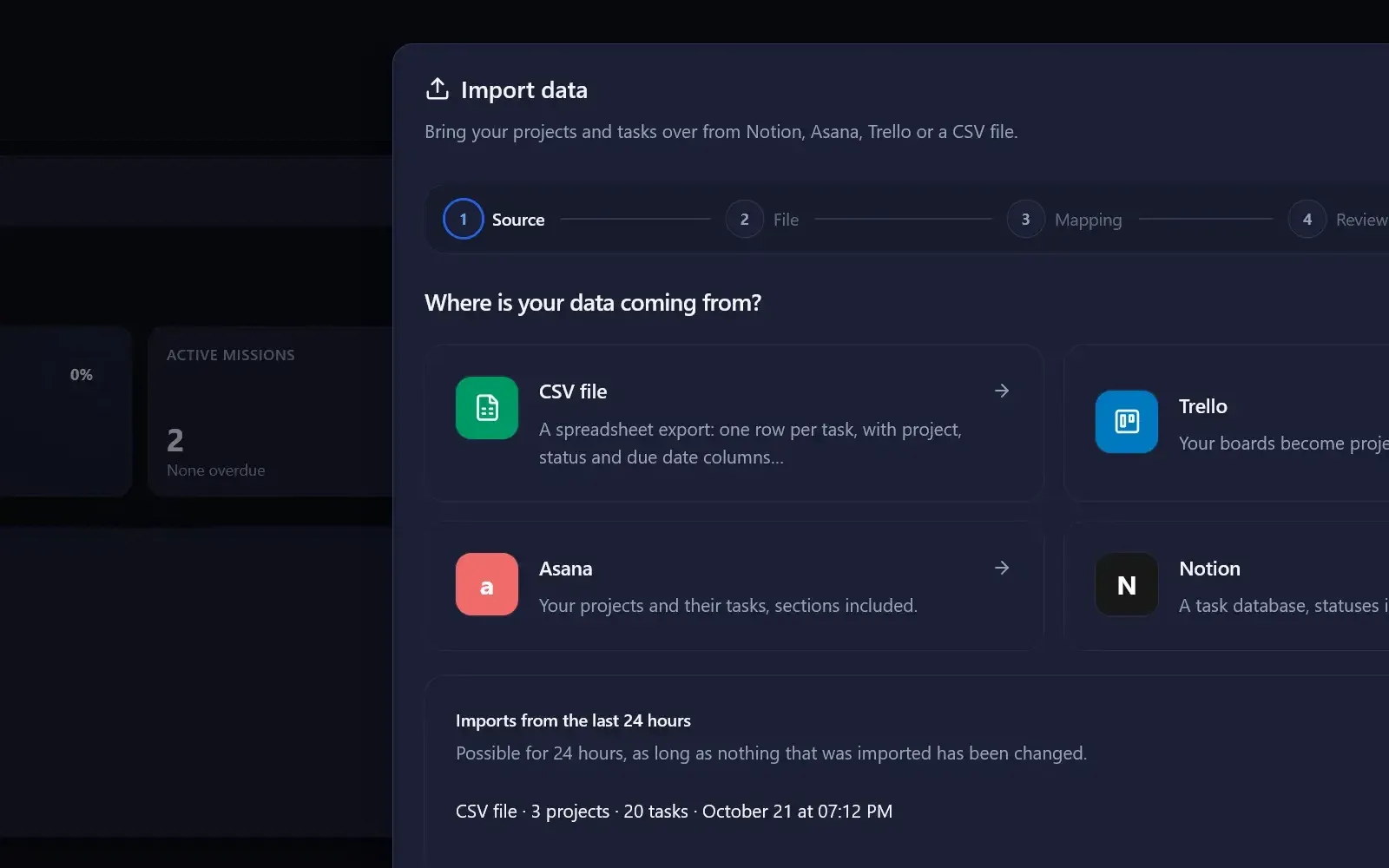 Import assistant — source selection