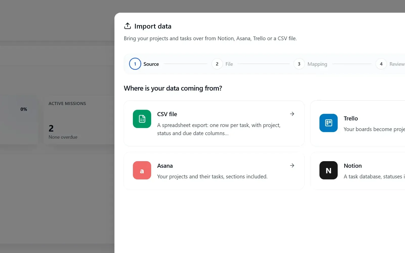 Import assistant — source selection
