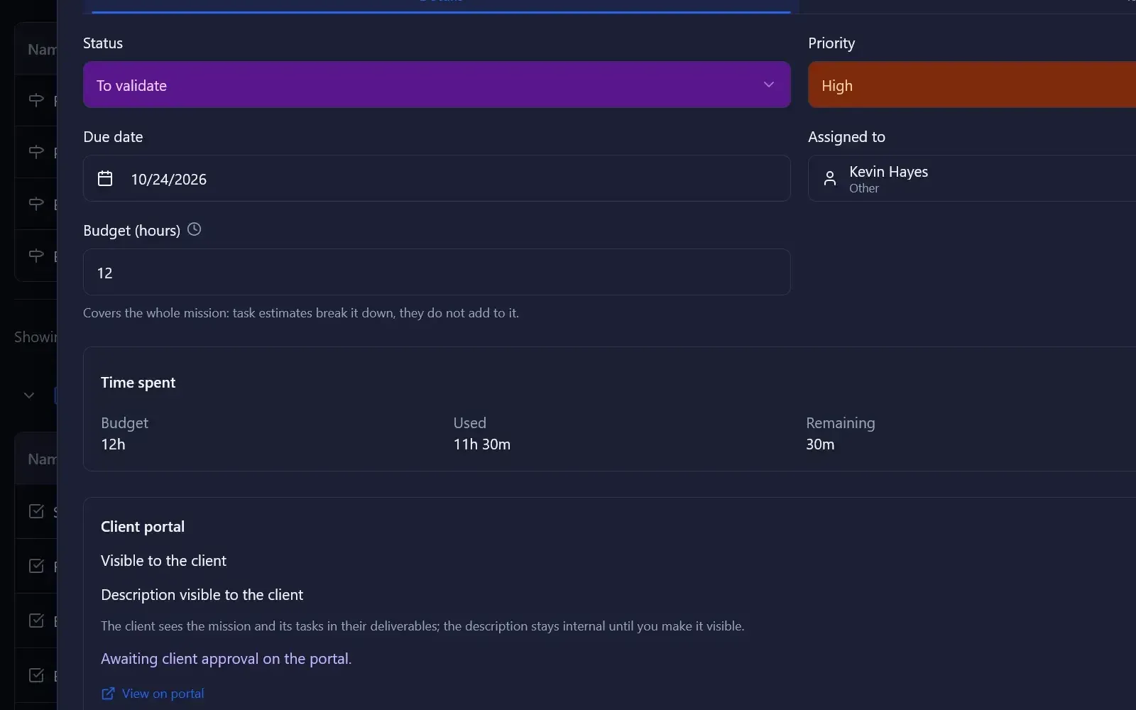 Mission with its budget in hours and client approval