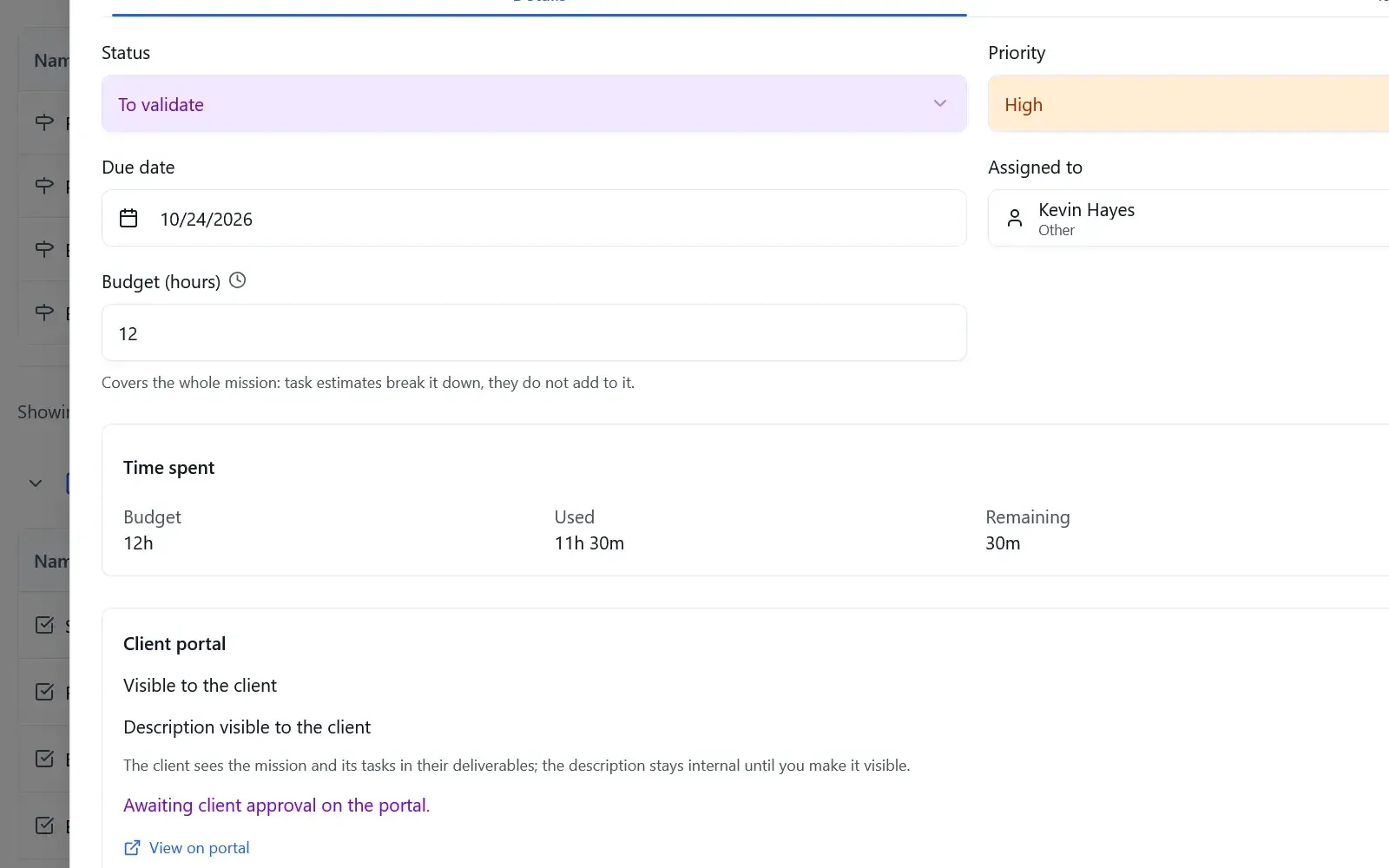 Mission with its budget in hours and client approval