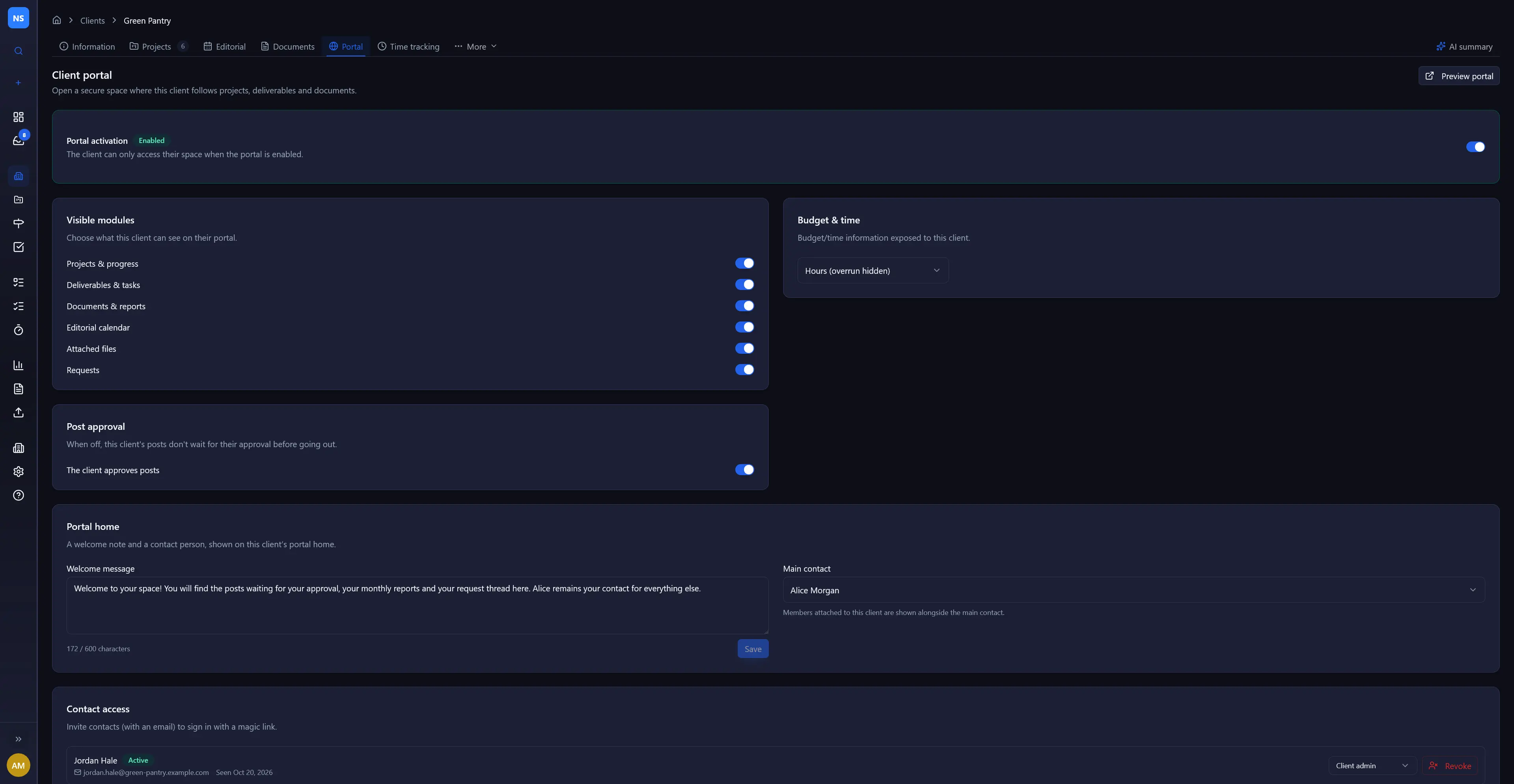 Mishka client sheet, Portal tab: what the client sees