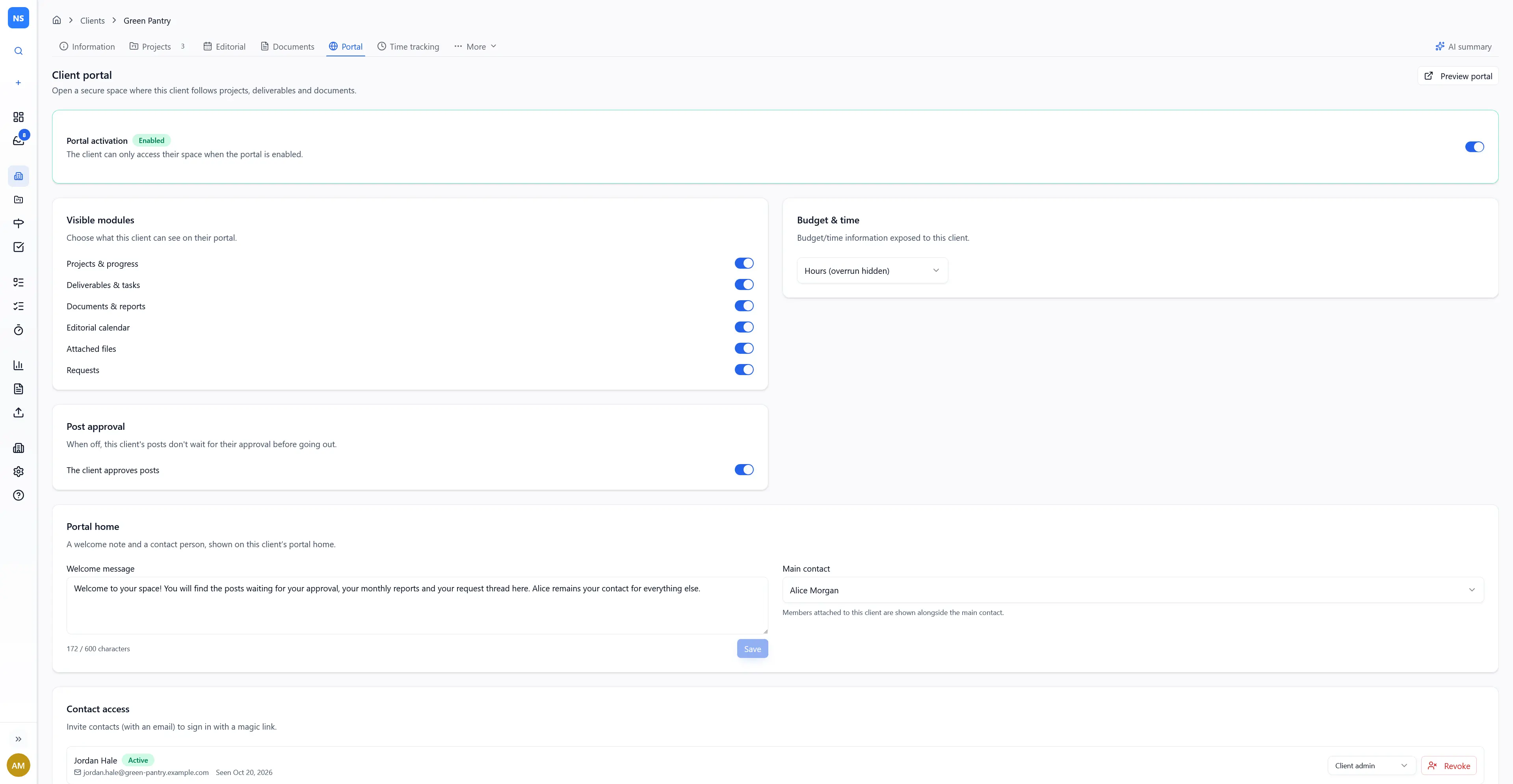 Mishka client sheet, Portal tab: what the client sees