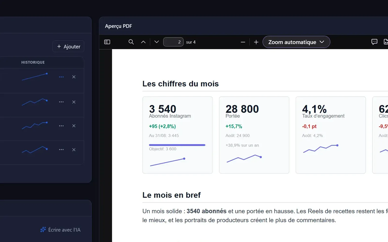 Mishka - rapport de performance et aperçu PDF