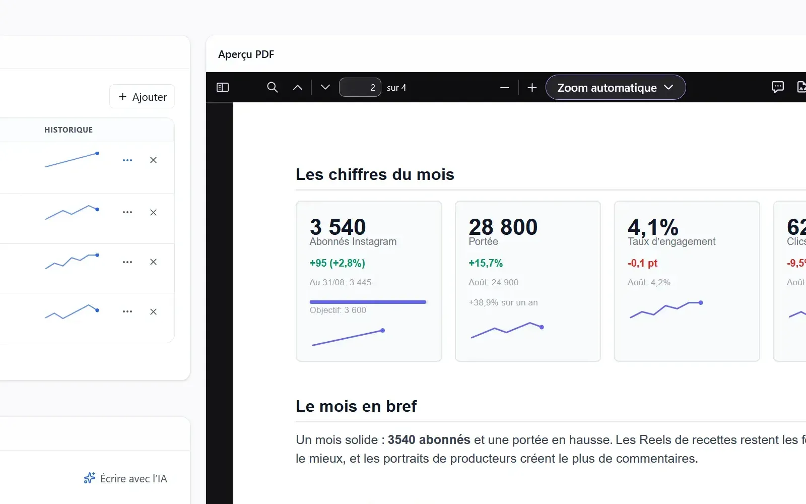 Mishka - rapport de performance et aperçu PDF