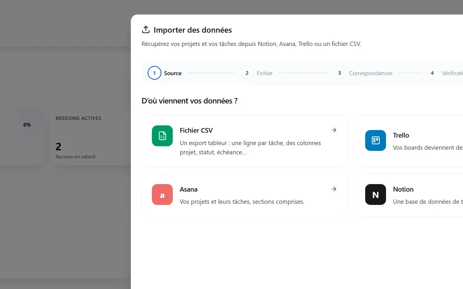 Assistant d'import — choix de la source