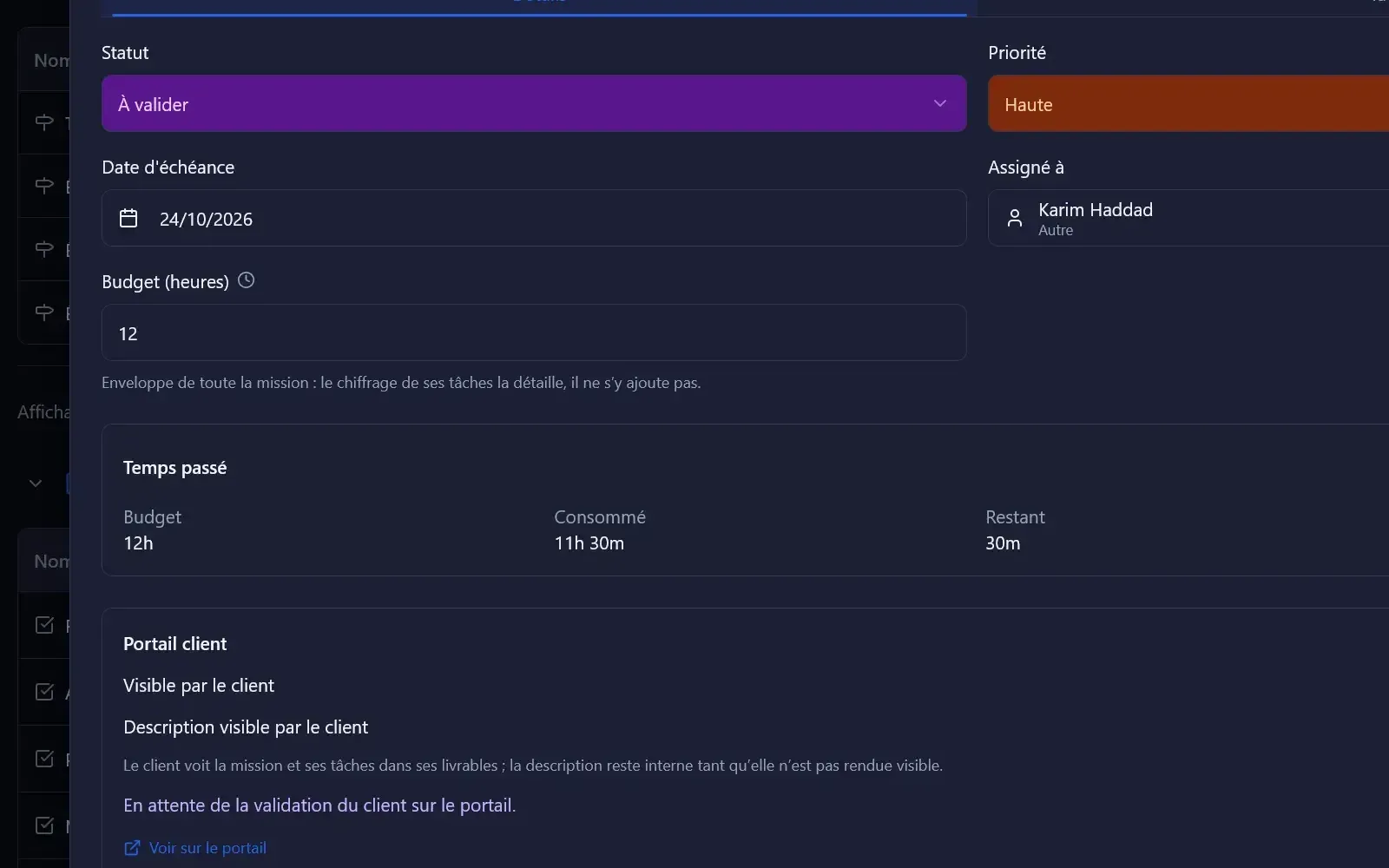 Mission avec son budget en heures et la validation du client