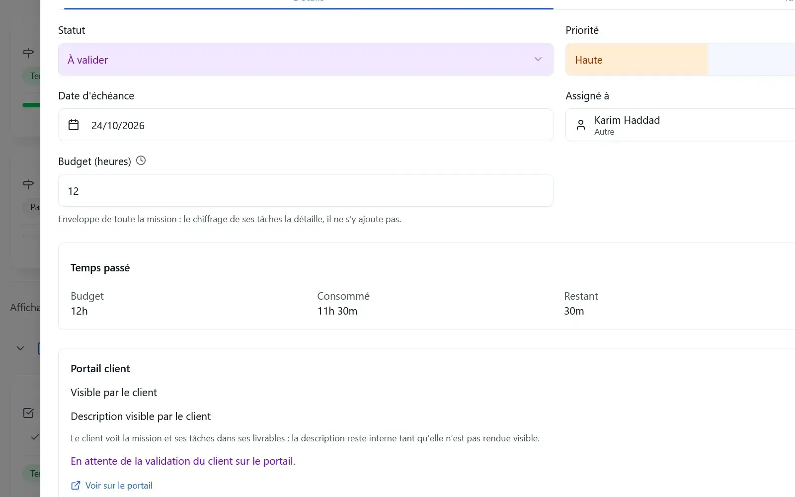 Mission avec son budget en heures et la validation du client