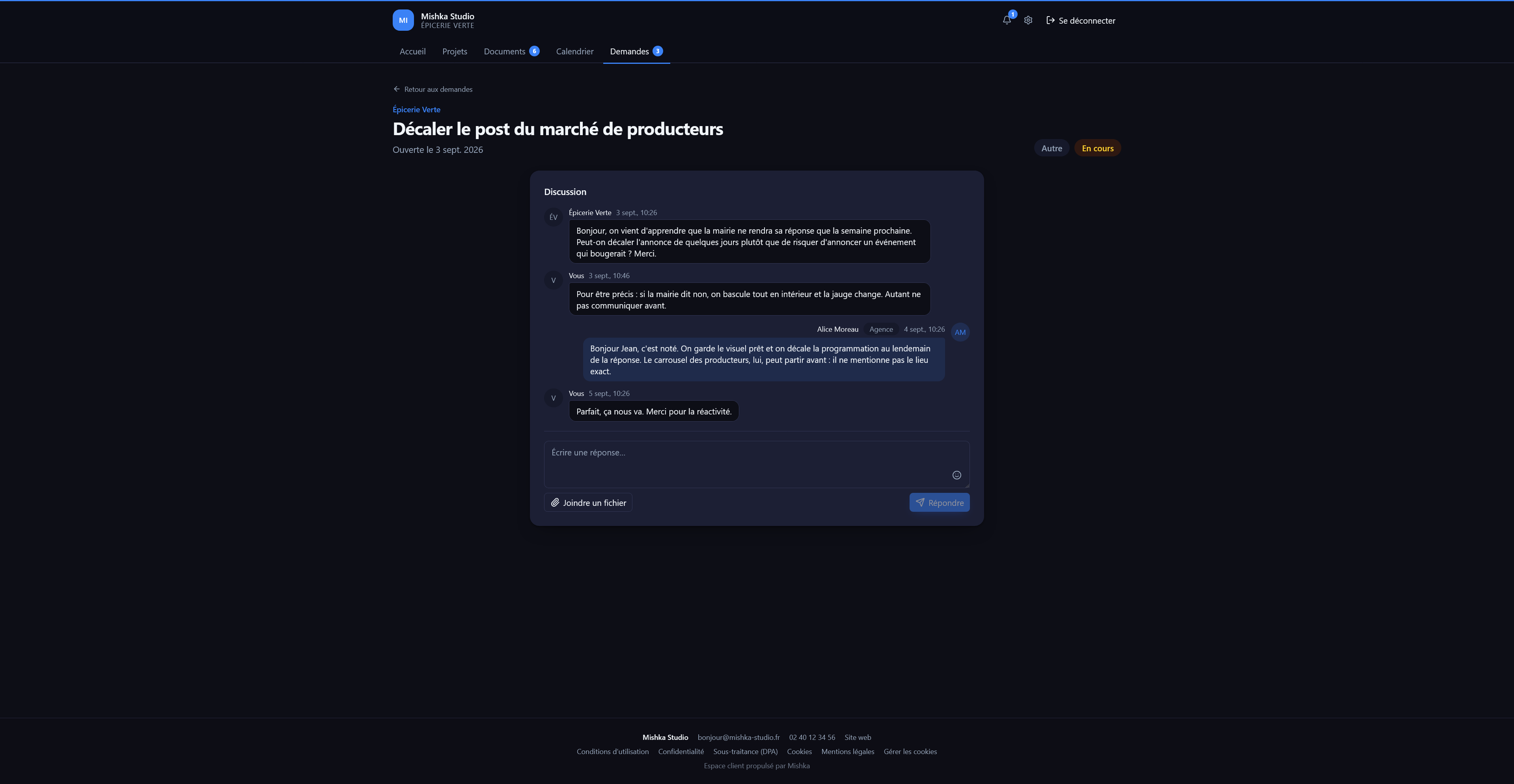 Portail client Mishka, fil de demandes
