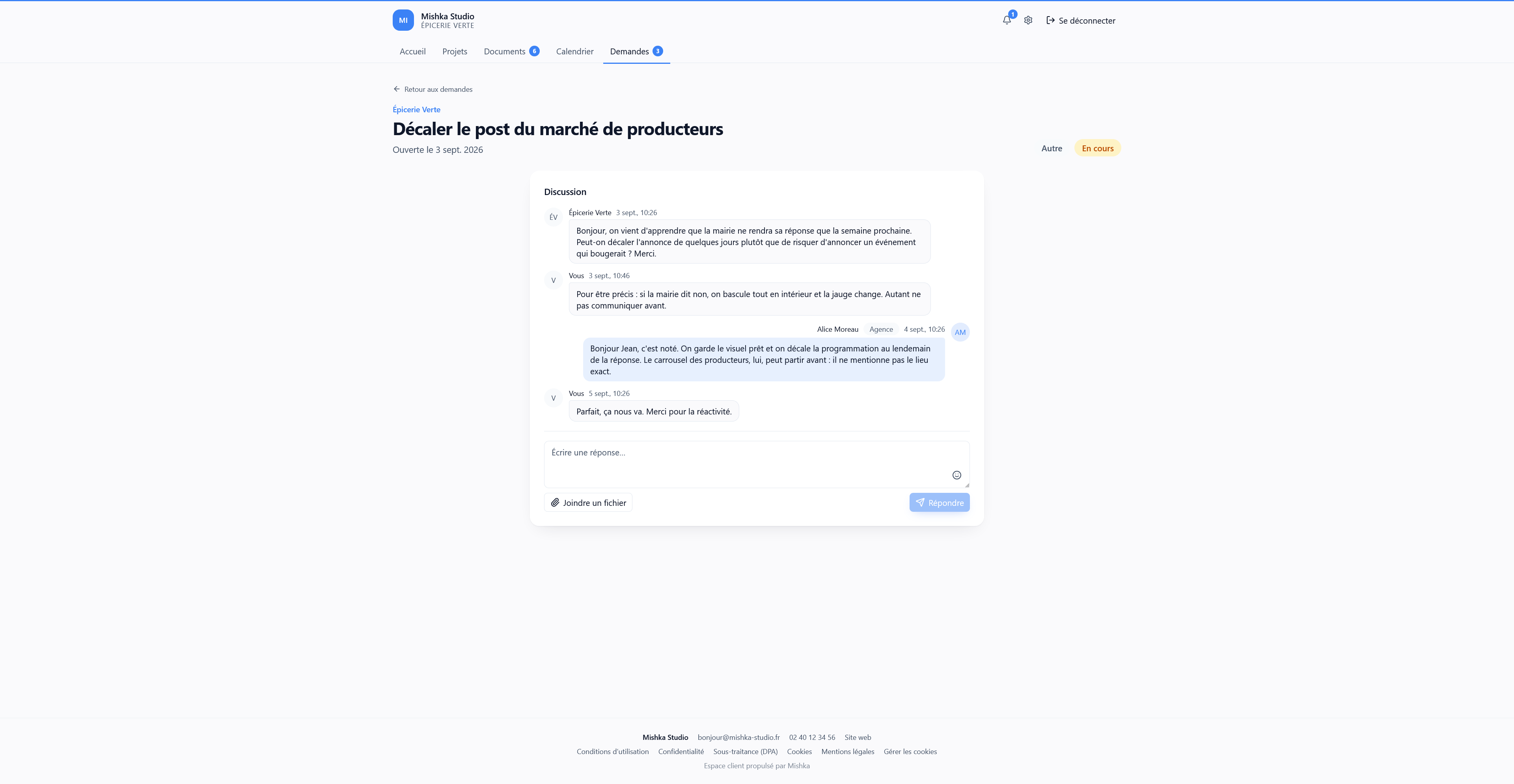 Portail client Mishka, fil de demandes