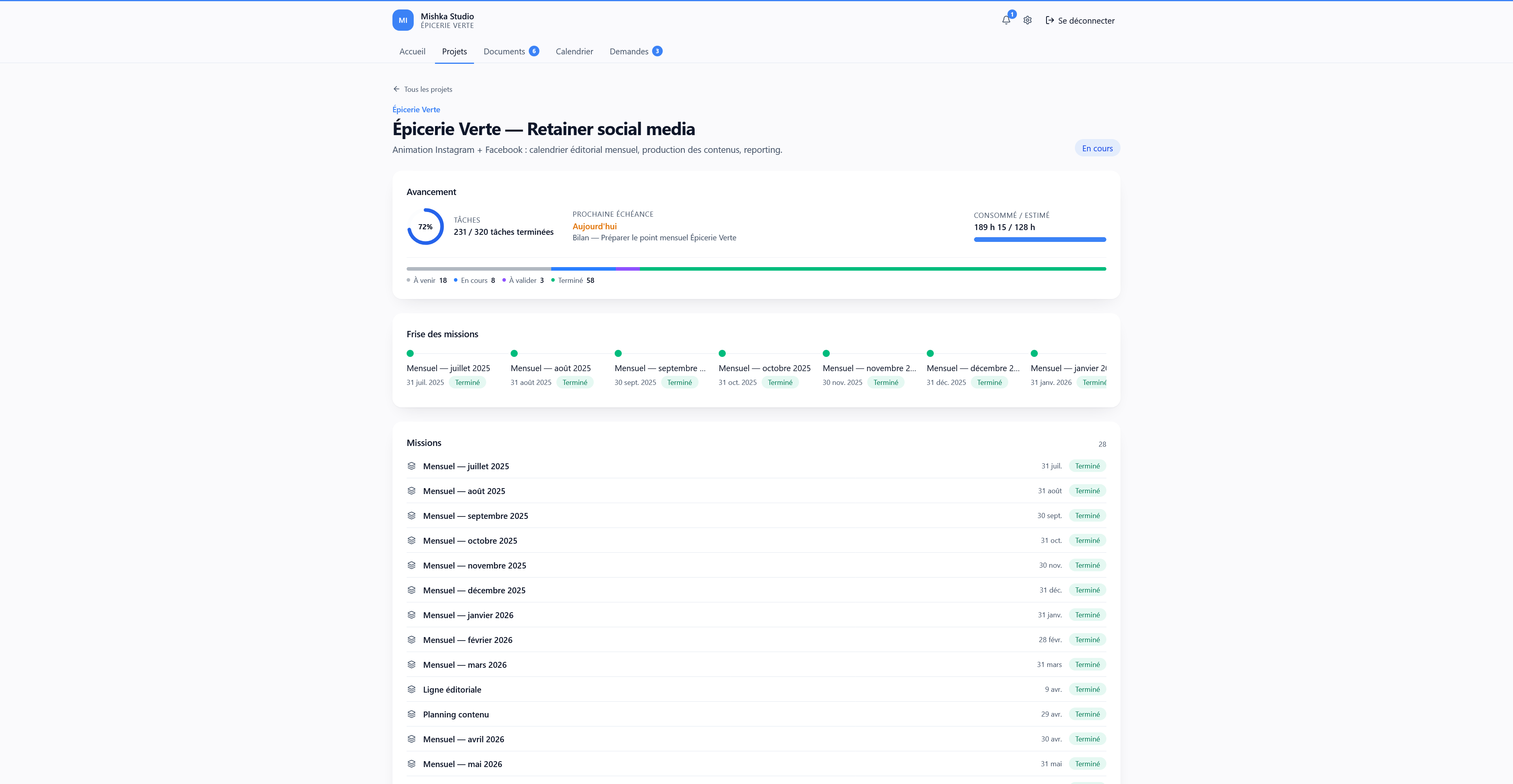 Portail client — détail d’un projet et frise des missions